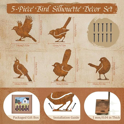 5PCS Rusty Bird Decor, Garden Sculptures and Yard Art, Yard Decorations Outdoor, Metal Bird Wall Decor, Fence Decorations Outdoor, Rustic Garden Decor, Outdoor Statues, Metal Birds Yard Decor