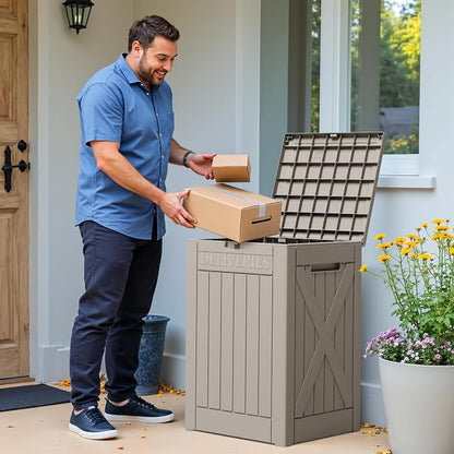 Greesum 48 Gallon Outdoor Package Delivery Box with Lock, Waterproof Secure Parcel Drop Box for Porch, Double-Wall Resin Storage, Light Coffee