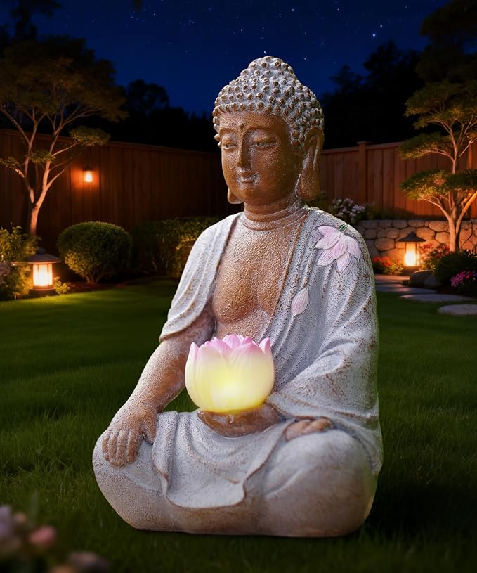 Nacome Solar Buddha Garden Statue Decor: Sitting Resin Figurine with Lotus Flower Light Zen Sculpture for Patio Lawn Yard Porch Balcony Meditation Space - 8.3 inches(White)