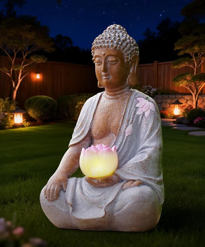 Nacome Solar Buddha Garden Statue Decor: Sitting Resin Figurine with Lotus Flower Light Zen Sculpture for Patio Lawn Yard Porch Balcony Meditation Space - 8.3 inches(White)
