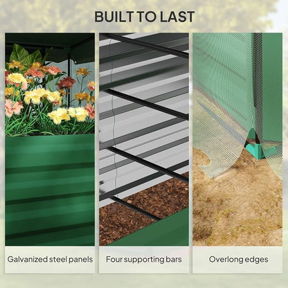 Outsunny 7.3 x 3.4 x 2 ft Galvanized Raised Garden Bed with Crop Cage Plant Protection Net and Shade Cloth Roof, Metal Planter Box with Cover for Vegetables, Flowers, Herbs, Green