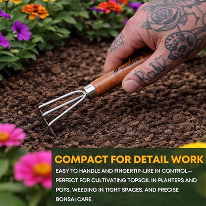 Mini Hand Cultivator Garden Tool 3 Claws - Heavy Duty Japanese Steel with Wood Handle - Small Rake Tiller for Aerating Soil, Digging, and Weeding - Made in Japan