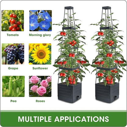 MQFORU 2 Packs Raised Garden Bed Tomato Planter with Trellis, 57" Tomato Cages for Climbing Vegetables Plant, Self Watering Planters Box for Garden Pots for Patio Greenhouse Indoor Outdoor（2PCS）