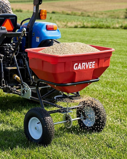 Tow Behind Broadcast Spreader, 125 LBS Large Capacity Universal Hook Tow & Push Lawn Spreader, 9.8 ft Spreading Width 30 Adjustable Settings, Compatible with UTV ATV Riding Mower & Most Tractors
