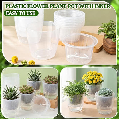 12 Pcs Self Watering Pots, 6.7 Inch Plastic Flower Plant Pot with Inner Pot Self Watering Wick Planter Clear Flower Pots for Indoor House Plants Herbs, Flowers, Succulents (Transparent)