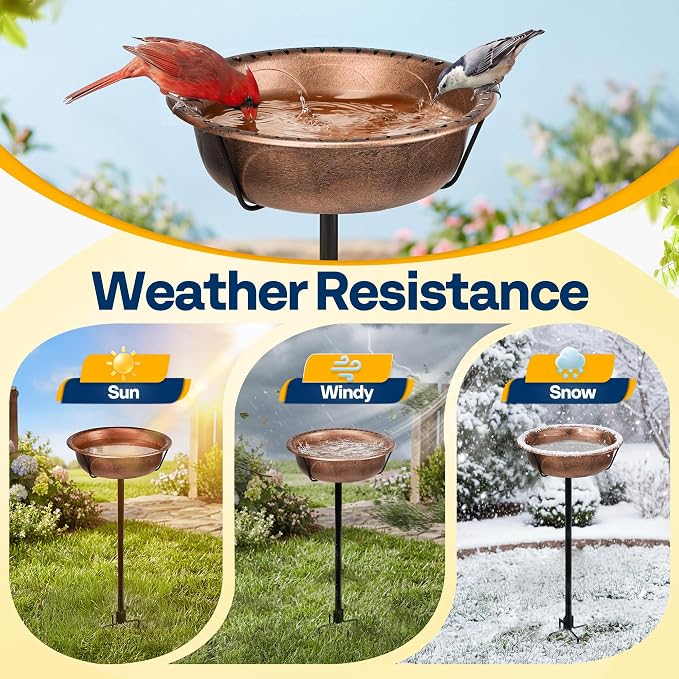 VIVOHOME Bird Bath for Outside, Outdoor 13'' Birdbath Bowl with Metal Ground Stake, Weather-Resistant ABS Bird Bath and Feeder for Garden, 1.45 Gallons, Bronze