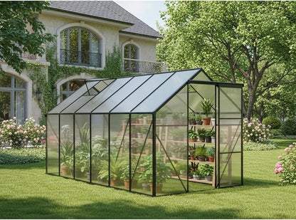 6x12 FT Greenhouse, Walk-in Polycarbonate Greenhouses with Sliding Doors, Aluminum Frame, Adjustable Roof Vent, Raised Base & Anchor, Outdoor Backyard Greenhouse for All Seasons, Black