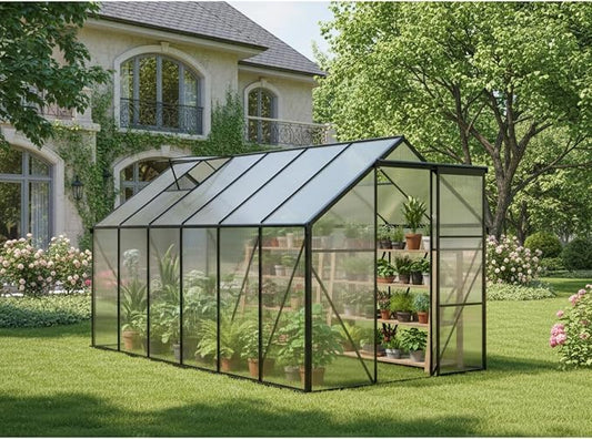 6x12 FT Greenhouse, Walk-in Polycarbonate Greenhouses with Sliding Doors, Aluminum Frame, Adjustable Roof Vent, Raised Base & Anchor, Outdoor Backyard Greenhouse for All Seasons, Black