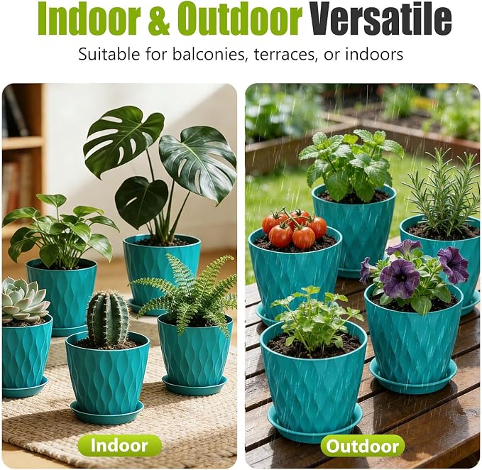 8 Inch Plastic Plant Pots,Set of 5 Flower Pots,Planters with Drainage Holes & Saucers, Indoor Outdoor Garden Pots for Home Decor(Blue-Green)