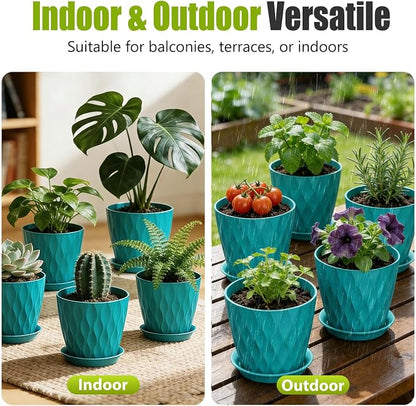 8 Inch Plastic Plant Pots,Set of 5 Flower Pots,Planters with Drainage Holes & Saucers, Indoor Outdoor Garden Pots for Home Decor(Blue-Green)