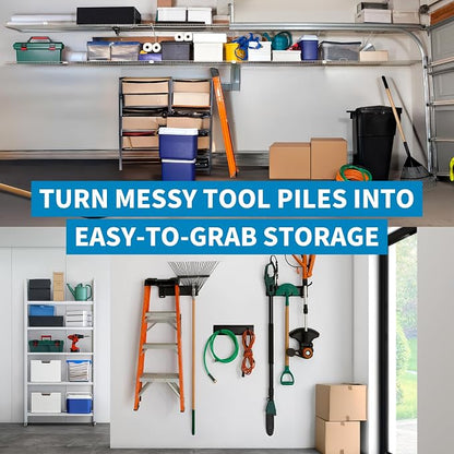 Precision Defined Garage Shovel And Rake Tool Organizer 48" 330lbs Capacity | Wall Mount Garden Tool Organizer, Garage Storage Rack, And Shed Organizer With Adjustable Hooks For Versatile Storage Options