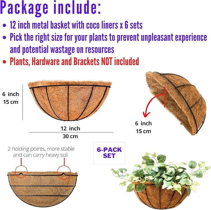 LaLaGreen Wall Hanging Planters for Plants (12 Inch, 6 Pack) Wall Mounted Flower Baskets with Coco Liner, Black Metal Iron Wire Plant Holder for Outdoor Fence Railing Outside Deck Porch Balcony Garden