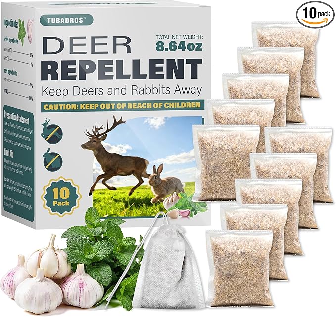 Deer & Rabbit Repellent Pouches, 10-Pack, Long-Lasting Outdoor Protection, Natural Peppermint & Garlic Oil Formula, Safe for Family & Pets, Weather-Resistant for Gardens, Lawns & Landscapes