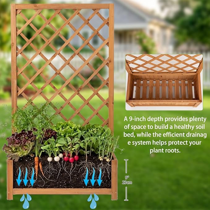 Wooden Raised Garden Bed with Trellis, 47" Outdoor Planter Box for Climbing Plants, Vertical Warm Brown Garden Planter for Vegetables, Flowers & Vines, Lattice Plant Support for Patio Yard Balcony