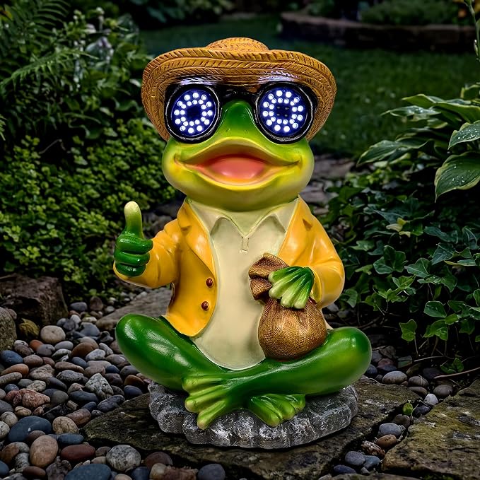 8.7" Solar Frog Statue Glowing Glasses - Funny Garden Decor Thumbs Up Money Bag Lucky Frog Figurine, Outdoor Resin Yellow Shirt Hand Painted Stone Base Patio Lawn Porch Gift Whimsical