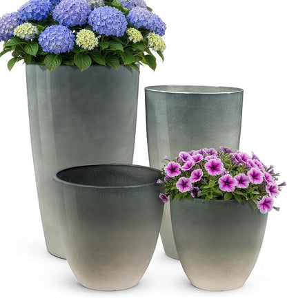 ZMTECH 24/21/12/10 Inch Charcoal Gray Green Gloss Planter Set, 4 Pack Large Outdoor Planters with Drainage Holes & Saucers, Glossy Smooth Lightweight Plastic Plant Pots for Indoor Patio Garden Décor