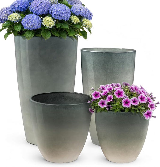 ZMTECH 24/21/12/10 Inch Charcoal Gray Green Gloss Planter Set, 4 Pack Large Outdoor Planters with Drainage Holes & Saucers, Glossy Smooth Lightweight Plastic Plant Pots for Indoor Patio Garden Décor