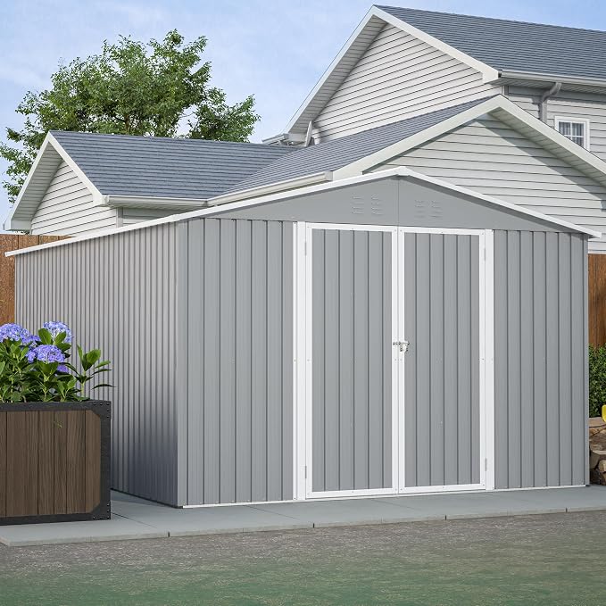 YOPTO 12X10 FT Metal Outdoor Storage Shed W/Floor & Lockable Door,Gray | Galvanized Steel Garden Shed W/ 4 Air Vents,Sloped Roof,Reinforced Structure,All Weather Waterproof for Patio,Backyard,Lawn