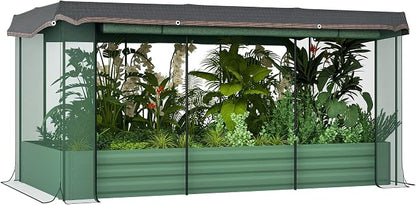 Outsunny 7.3 x 3.4 x 1 ft Galvanized Raised Garden Bed with Crop Cage Plant Protection Net and Shade Cloth Roof, Metal Planter Box with Cover for Vegetables, Flowers, Herbs, Green