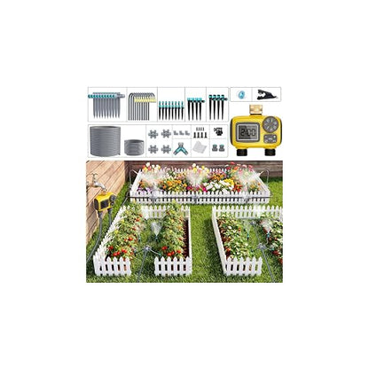 172FT Drip Irrigation System Kit with 2 Zone Water Timer,1/2" High-Flow Mainline Automatic Watering System,26PCS 360°Adjustable Nozzles,6-Way Fast-Plug Irrigation Kit for Agricultural Yard,Lawn