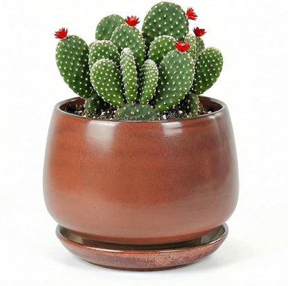 7.5 Inch Flower pots for Indoor Outdoor Plants with Saucer Drainage Leak-Proof Mesh, Ceramic Planter with Gardening Gloves for Succulent and Flower(Iron-red)