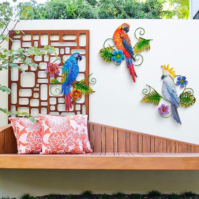 Metal Parrots Wall Decor Outdoor Hanging Sculptures Decor for Yard Garden | J-Fly Patio Garden Decoration Gifts Outdoor Bird Wall Decor-12 Inches Parrot Large Hanging Wall Decor 3 Pack