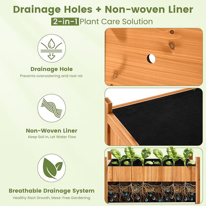 2-Pack 16" Square Fir Wood Planter Boxes with Drainage Holes | Set of 2 fir wood planters with removable bases, liners, and drainage holes for flowers, herbs, porch, patio, or garden