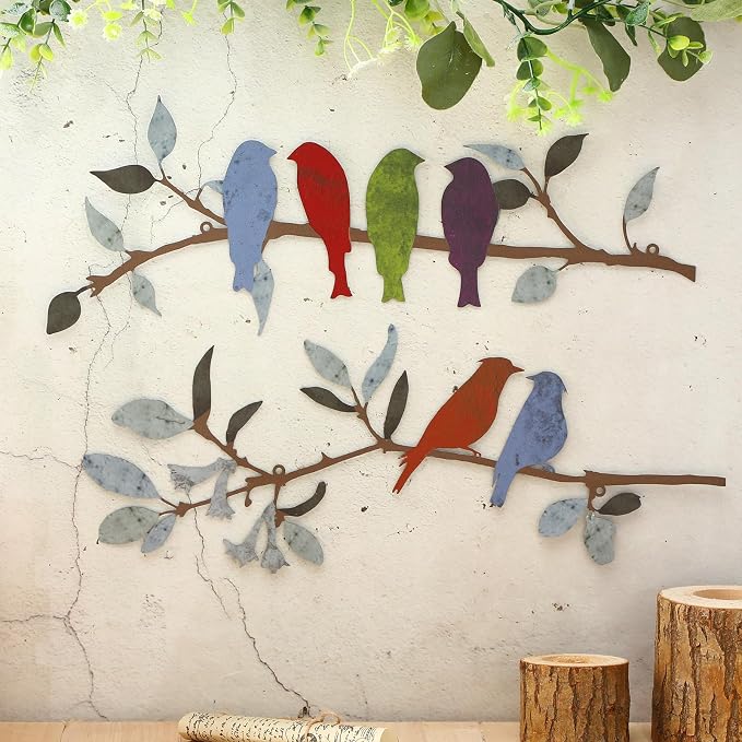 Demissle 2 Pcs Metal Birds Wall Art Decor Vivid Birds on Branch with Leaves Rustic Wall Decor Waterproof Metal Sculpture Hanging Sign for Home Balcony Garden Indoor Outdoor(Bright Colors)