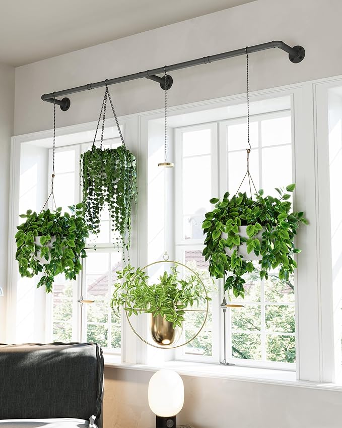 SOFITORG 65.7" Metal Plant Hanging Rod with 6 Chains, Pots Not Included | Wall Plant Hanging Bar, Durable Hanging planter holder for Window Ceiling, Easy Assembly, All Hardware Included, Black
