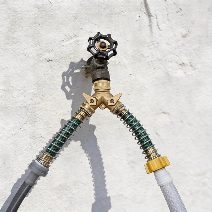 VANCOCO Garden Hose Coiled Spring Protectors, 3/4" Heavy Duty Brass Hose Splitter 2 Way with Hose Spring Protector for Garden Hose