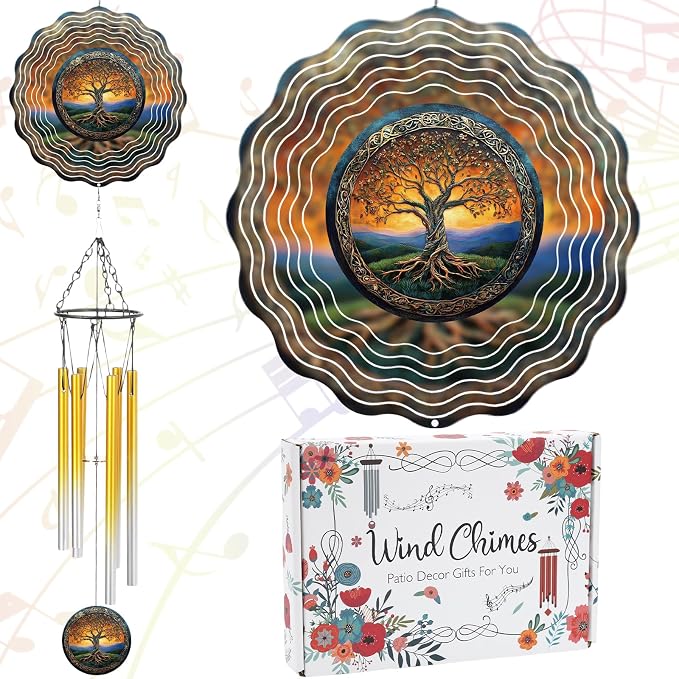Tree of Life Wind Chimes - Metal Windchime with Spinners Outdoor | Garden Patio Yard Decor Indoor Balcony Home Hanging Christmas New Year Housewarming Birthday Gift for Women Mom Grandma Wife