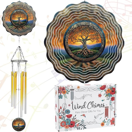 Tree of Life Wind Chimes - Metal Windchime with Spinners Outdoor | Garden Patio Yard Decor Indoor Balcony Home Hanging Christmas New Year Housewarming Birthday Gift for Women Mom Grandma Wife