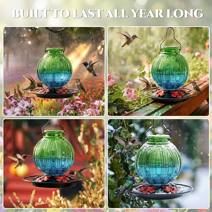 2 Pack Glass Hummingbird Feeder for Outdoors Hanging, Bird Nectar Feeder with Perch & 5 Flower Feeding Ports, 26 Oz Leak Proof for Outside Garden Decor Backyard, Gifts for Women Mom, Red + Green Blue