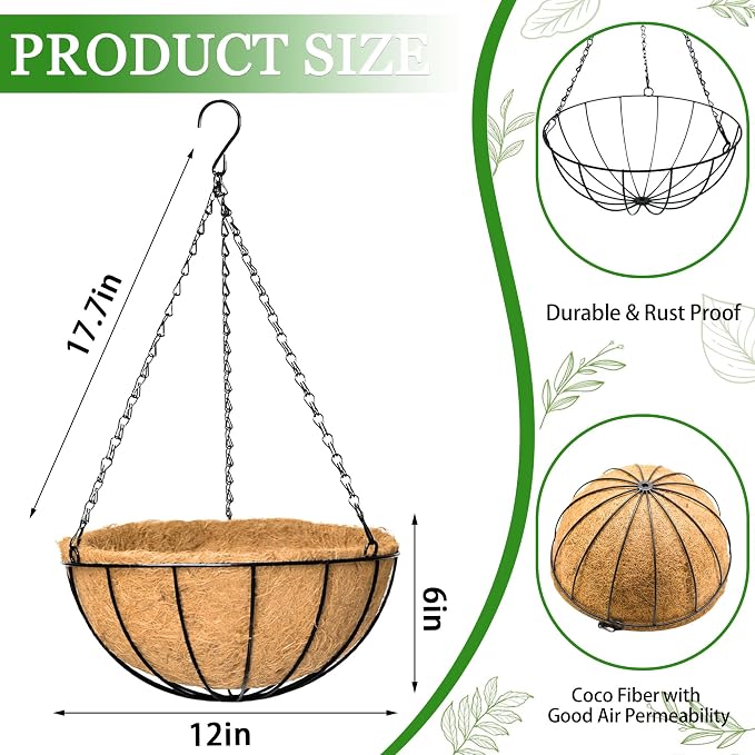 Hanging Planters for Outdoor Plants 4 Pack 12 inch Metal Hanging Flower Basket with Coco Coir Liner Wire Plant Holder Watering Flower Baskets Pot Hanger Garden Decoration for Indoor Outdoor(XGL)