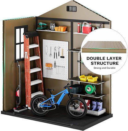 DWVO 6x4 FT Storage Shed Plastic with Floor, Outdoor Storage Shed with Lockable Door, Window and Vents, Waterproof Garden Tool Shed for Patio, Backyard, Lawn