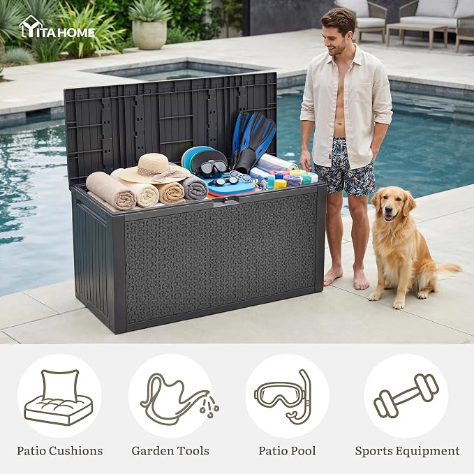 YITAHOME 95 Gallon Large Outdoor Deck Box | Lockable Waterproof Resin Storage Box with Handles, Weatherproof & UV Resistant, Patio Garden Tool Container for Outdoor