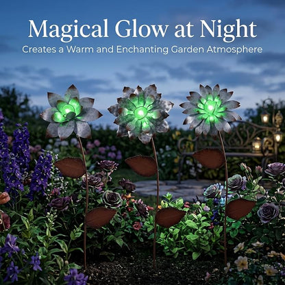 Glow in The Dark Flower Garden Stakes, 3 Pack Colorful Luminous Metal Yard Decor, 14 Inch Outdoor Night Glow Floral Stakes for Lawn, Patio, Flower Beds & Planters