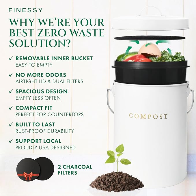 White 1.3 Gallon Indoor Compost Bin Kitchen Odorless with Lid for Composting Food Waste Bucket for Counters, Stainless Steel Kitchen Compost Bin Countertop Trash Can Scrap Container Composter Caddy