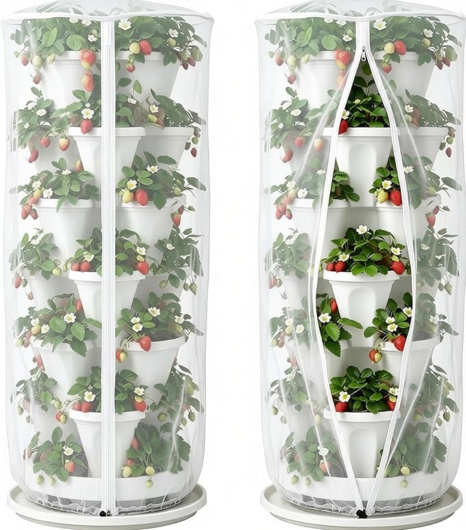 24"x59"Vertical Plant Pot Insect Netting with Zipper for Strawberry Planter | 2 Pcs Stackable 6-7 Tier Planter Pot Insect Mesh Protection for Herb Flower Fruit Vegetable, Front and Rear Two Zippers