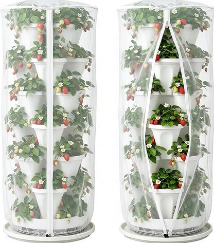 24"x59"Vertical Plant Pot Insect Netting with Zipper for Strawberry Planter | 2 Pcs Stackable 6-7 Tier Planter Pot Insect Mesh Protection for Herb Flower Fruit Vegetable, Front and Rear Two Zippers