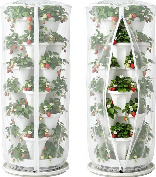 24"x59"Vertical Plant Pot Insect Netting with Zipper for Strawberry Planter | 2 Pcs Stackable 6-7 Tier Planter Pot Insect Mesh Protection for Herb Flower Fruit Vegetable, Front and Rear Two Zippers