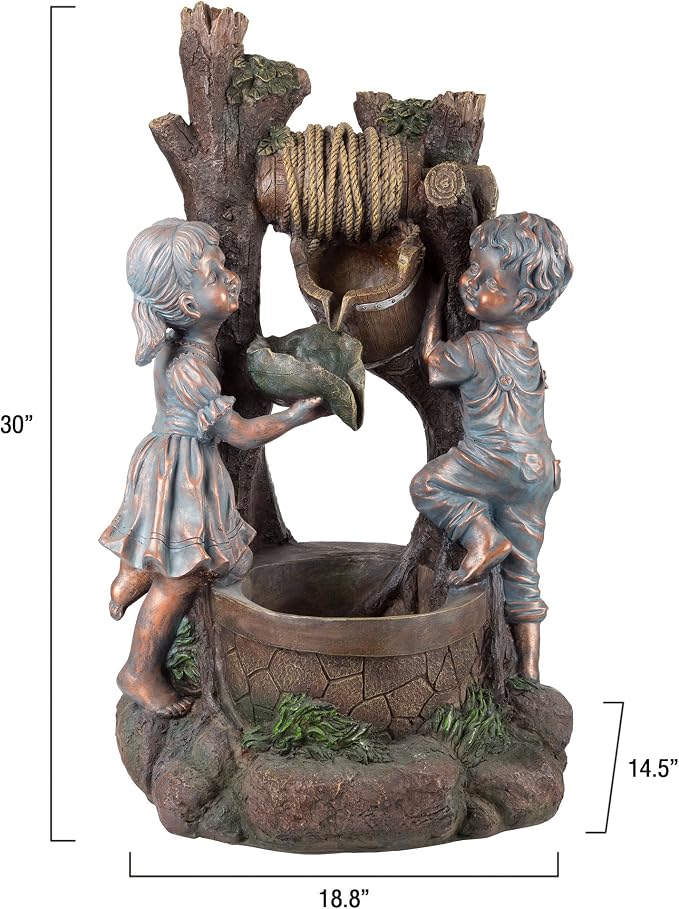 Boy and Girl Outdoor Water Fountain - Cascading Waterfall with Soothing Sounds and 4 LED Lights for Garden or Patio by Pure Garden (Antique Bronze)
