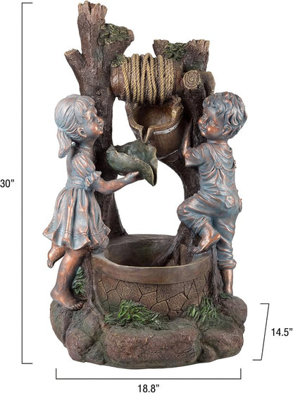 Boy and Girl Outdoor Water Fountain - Cascading Waterfall with Soothing Sounds and 4 LED Lights for Garden or Patio by Pure Garden (Antique Bronze)