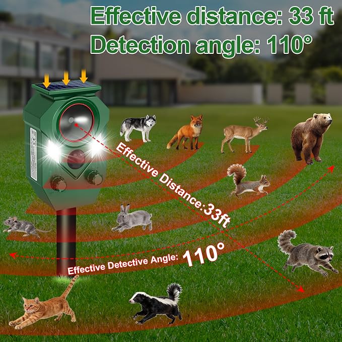 Ultrasonic Animal Repeller Outdoor,Cat Repellent & Deterrent with PIR Sensor & Flashing Light,Solar Powered Deer Repellent Device for Squirrels,Raccoons,Skunks,Rabbits,and Dog,IP65 Waterproof - 1 Pack