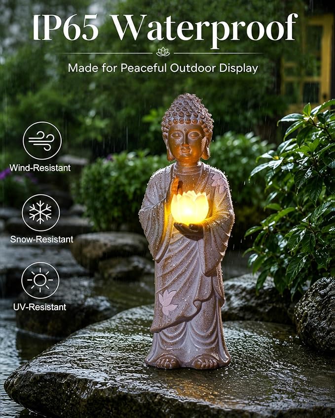 Nacome Solar Buddha Garden Statue Decor: Standing Resin Figurine with Lotus Flower Light Zen Sculpture for Patio Lawn Yard Porch Balcony Meditation Space - 11 inches(White)