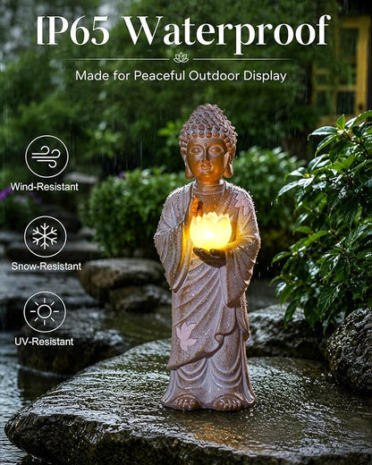 Nacome Solar Buddha Garden Statue Decor: Standing Resin Figurine with Lotus Flower Light Zen Sculpture for Patio Lawn Yard Porch Balcony Meditation Space - 11 inches(White)