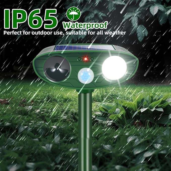 2 Pack New Solar Deer Repellent Devices Ultrasonic Animal Repellent Outdoor for Rabbit,Raccoon,Squirrel,Skunk,Fox,Cat,Motion Sensor&Strobe Light,Waterpfoof Sonic Fortress Pro Deterrent for Garden Yard