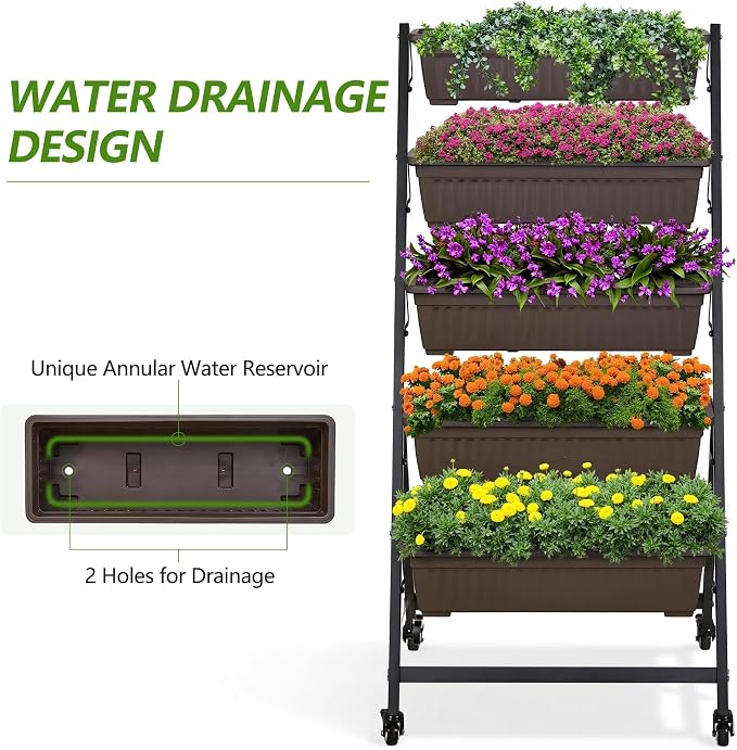 A vertical 5-tier planter rack with black metal frame and brown rectangular planters filled with colorful flowers, shown on a white background with text highlighting water drainage design and a small inset diagram of the drainage reservoir.