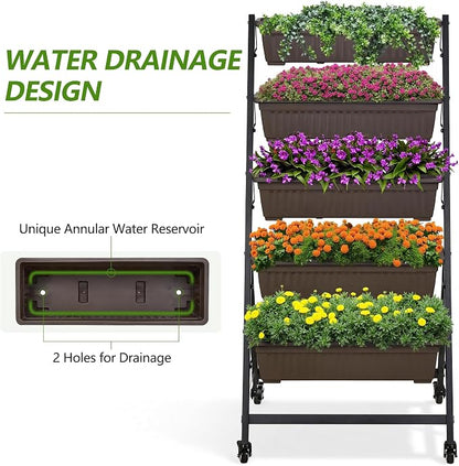 A vertical 5-tier planter rack with black metal frame and brown rectangular planters filled with colorful flowers, shown on a white background with text highlighting water drainage design and a small inset diagram of the drainage reservoir.