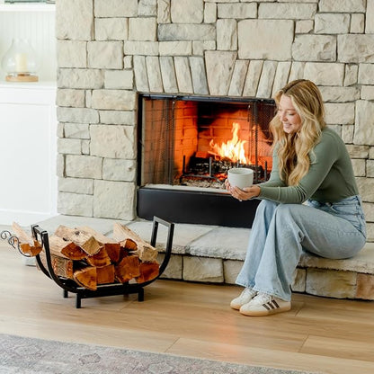 FireProof Pros Firewood Rack Outdoor and Indoor Firewood Storage with Kindling Wood Hooks. 24.5 in curved Double Coated Fire Wood Rack. Waterproof Rustproof Stable Log Holder and Fireplace Organizer
